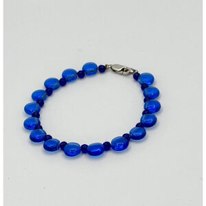 Blue Cat-Eye Glass Bead Bracelet w/ Sterling Clasp
